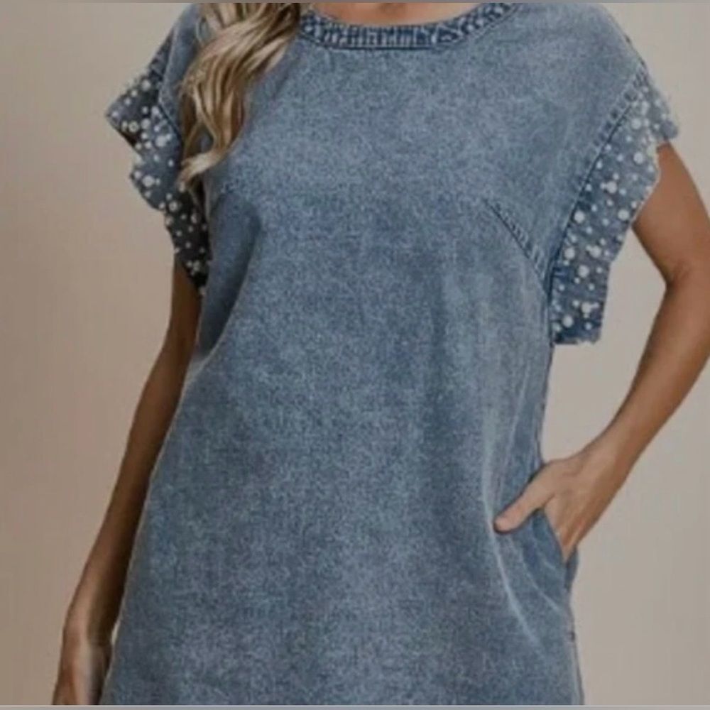 NWT BiBi Blue Denim Mini Dress with Pearl Accents